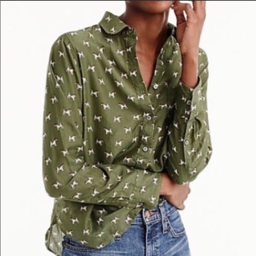 J. Crew popover terrier dog shirt sz 14 olive